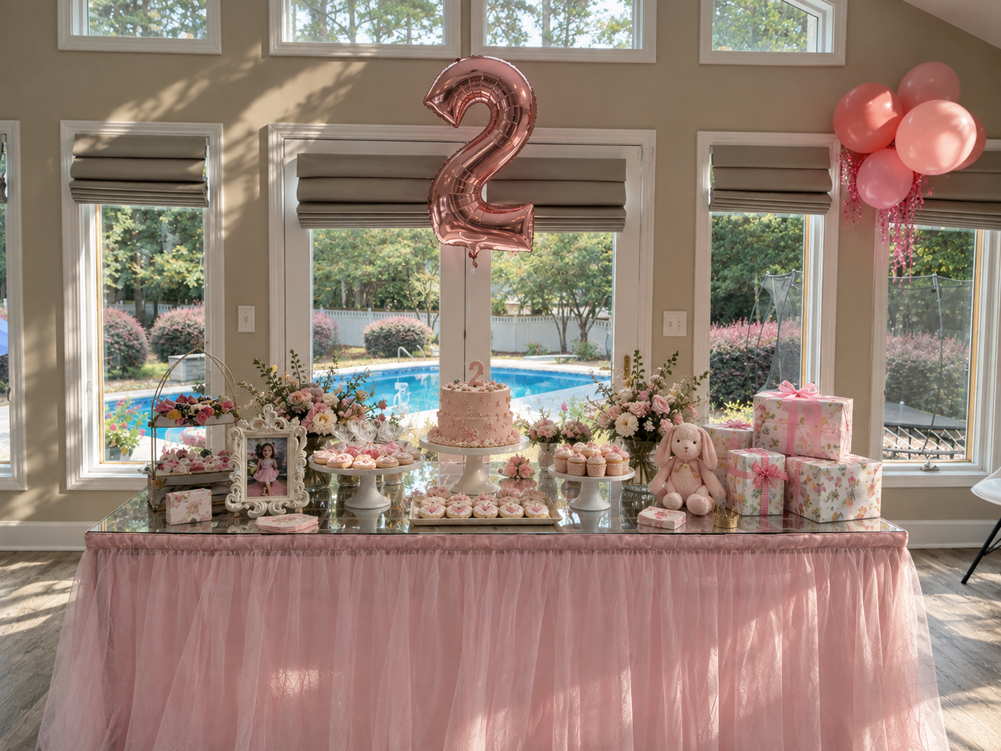 A unicorn-themed birthday dessert table with a rose-gold number two balloon, pink cake, floral arrangements and a pink tulle table skirt