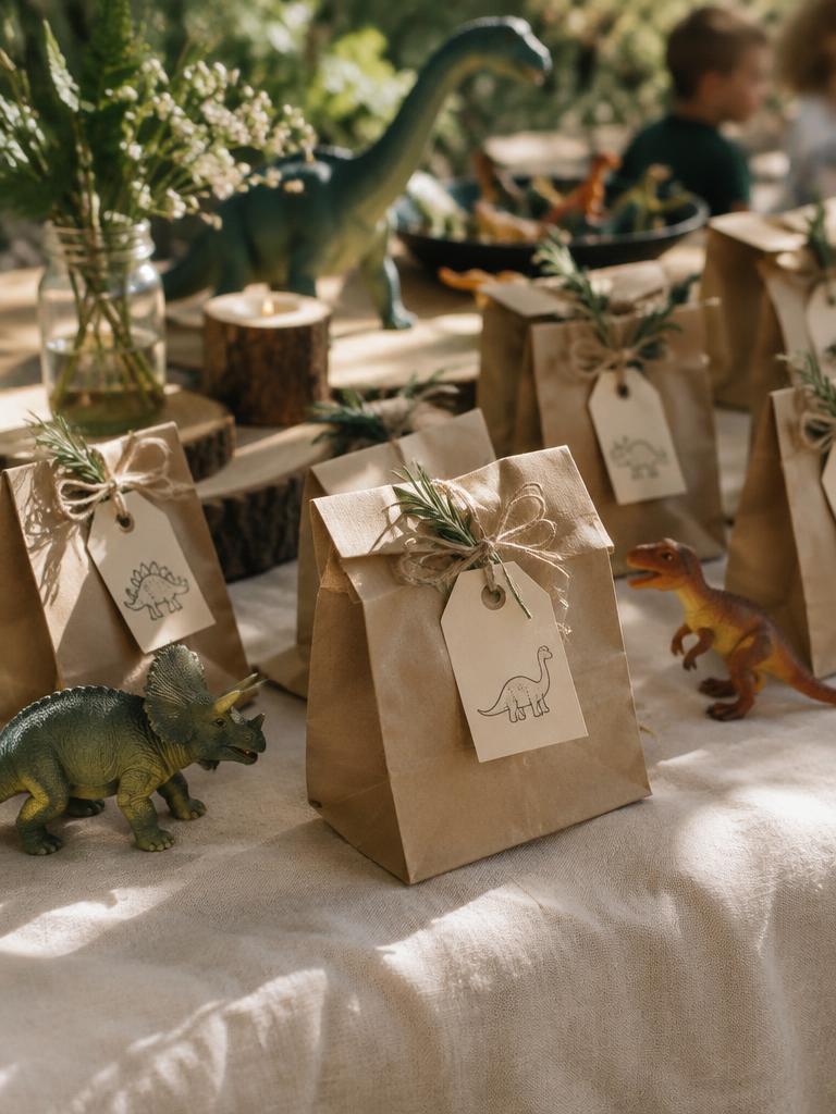 Kraft favor bags with dinosaur tags and toy dinosaurs at a dinosaur birthday