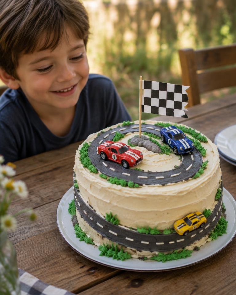 A boy smiling at his race-track birthday cake topped with toy cars