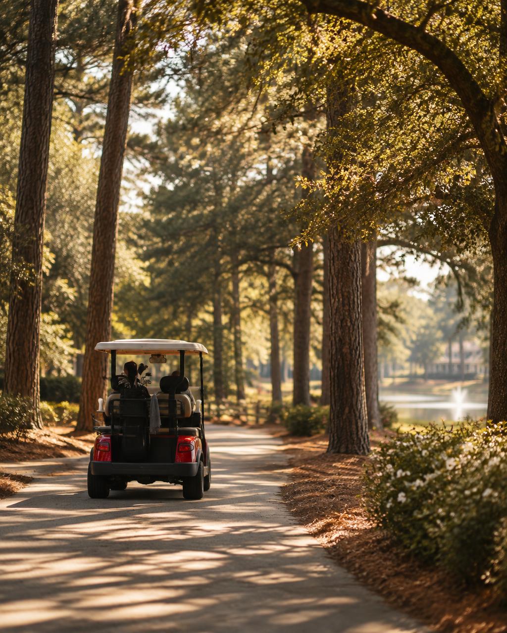 A golf cart on a tree-canopy path in Peachtree City