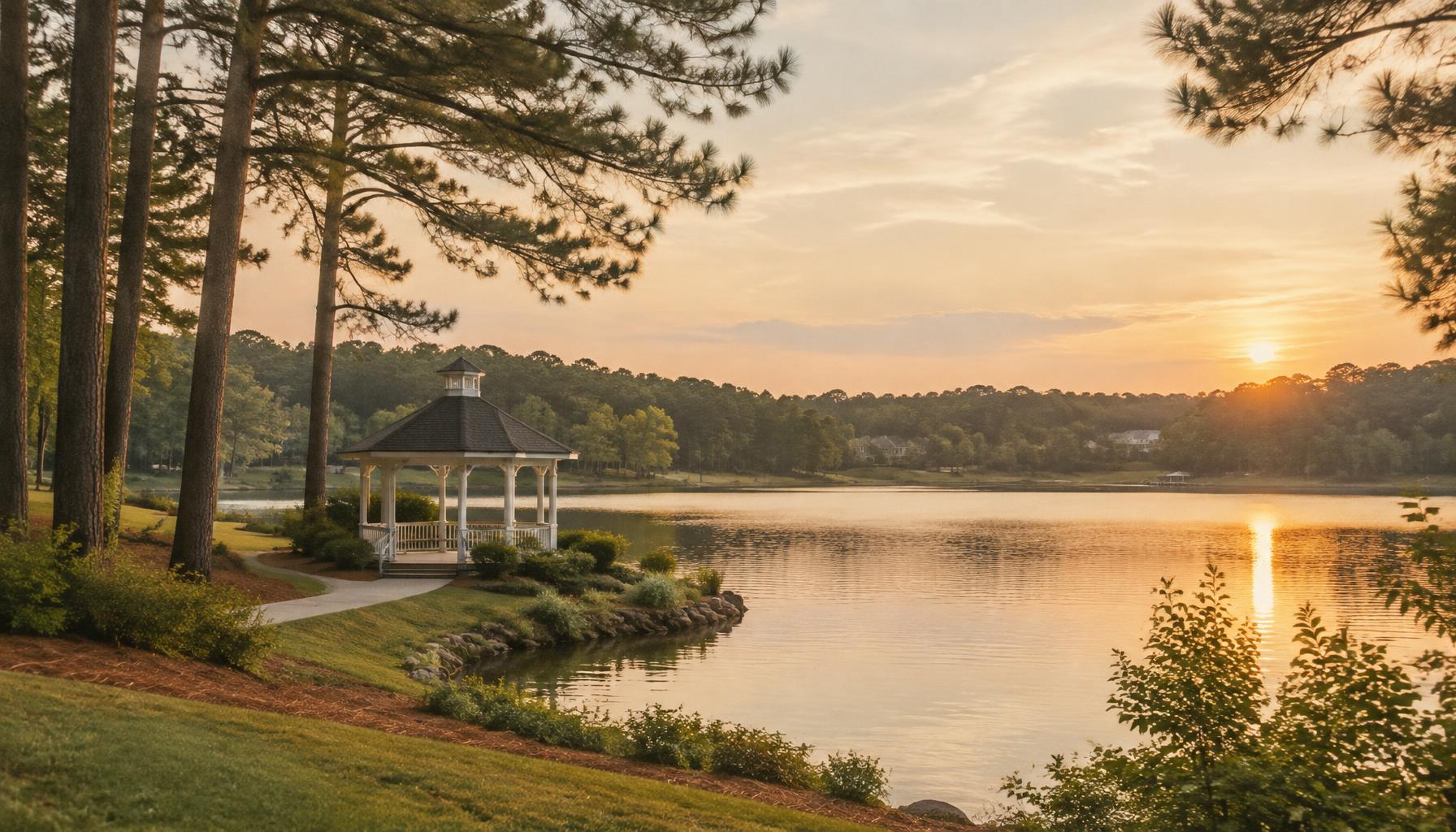 The shoreline of Lake Peachtree at golden hour