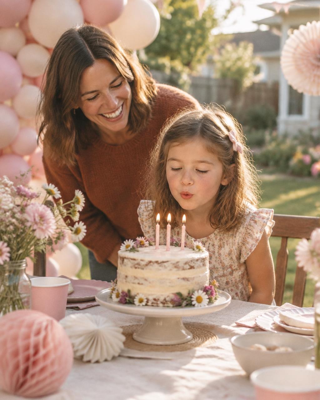 A mother watching her daughter blow out birthday candles